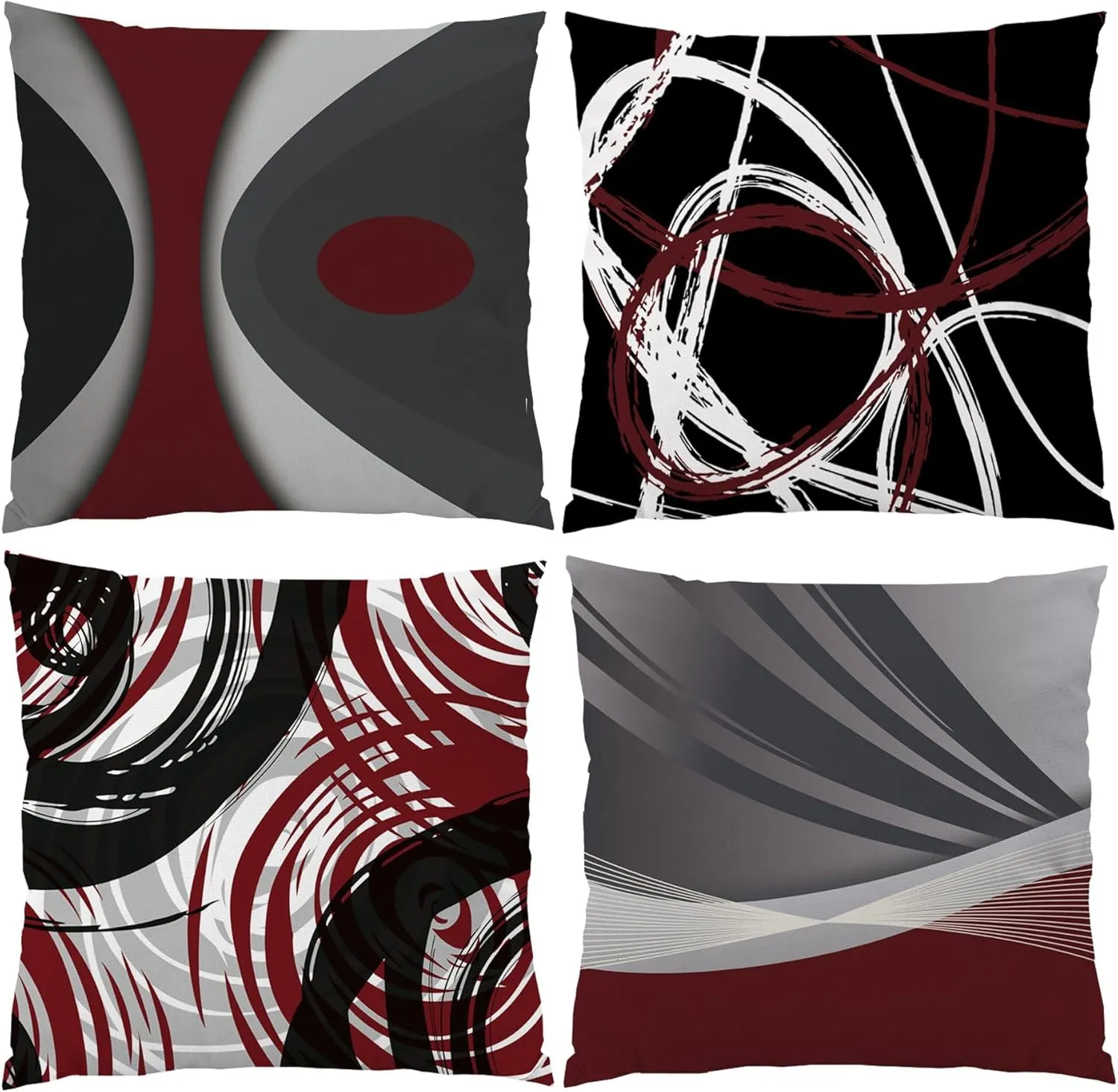 Burgundy Set of 4 Throw Pillow Covers Modern Abstract Wine Red Stripes Gray Black White Acrylic Decorative Pillow Cases Home Decor Square 18x18 Inches Pillowcases