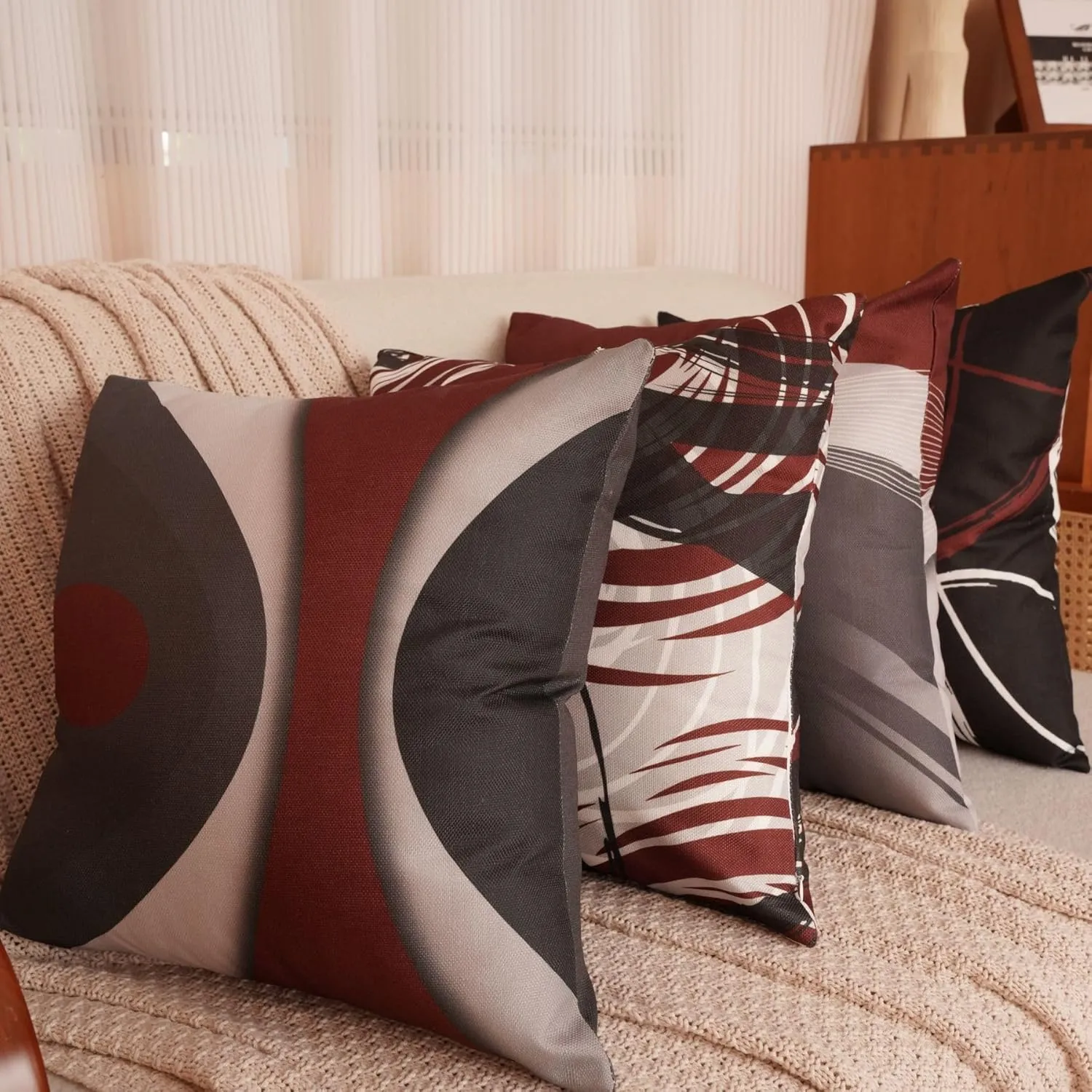 Burgundy Set of 4 Throw Pillow Covers Modern Abstract Wine Red Stripes Gray Black White Acrylic Decorative Pillow Cases Home Decor Square 18x18 Inches Pillowcases