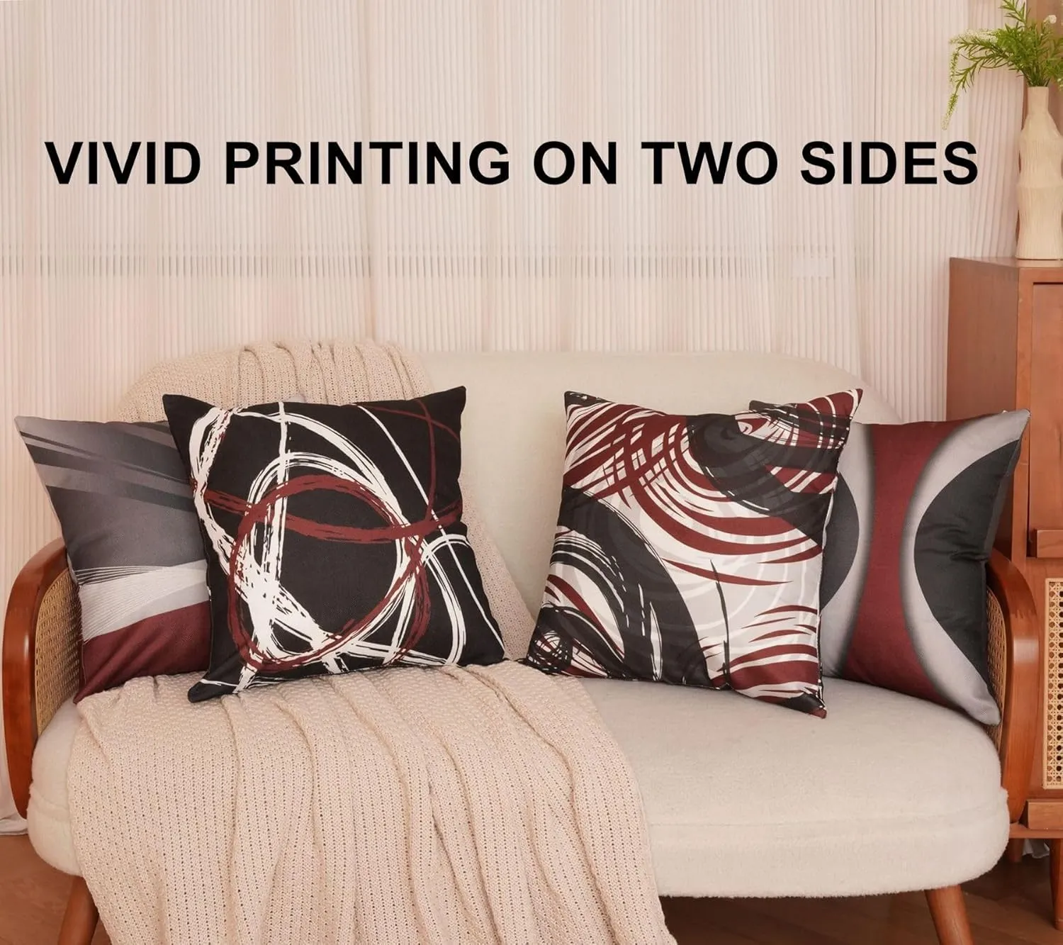 Burgundy Set of 4 Throw Pillow Covers Modern Abstract Wine Red Stripes Gray Black White Acrylic Decorative Pillow Cases Home Decor Square 18x18 Inches Pillowcases