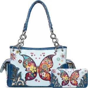 Butterfly Flower Western Style Concealed Carry Spring Purse Country Handbag Women Shoulder Bag Wallet Set