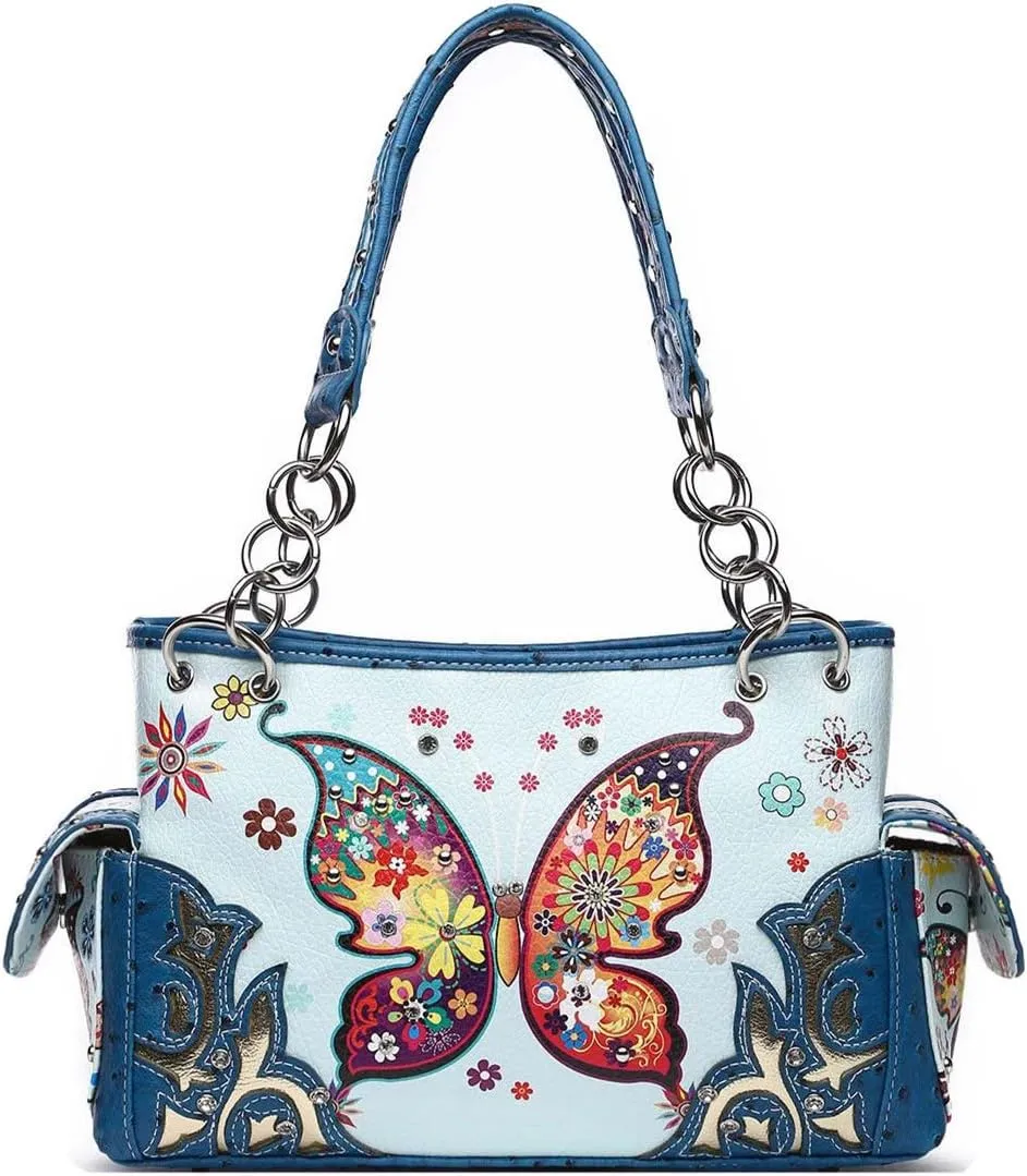 Butterfly Flower Western Style Concealed Carry Spring Purse Country Handbag Women Shoulder Bag Wallet Set