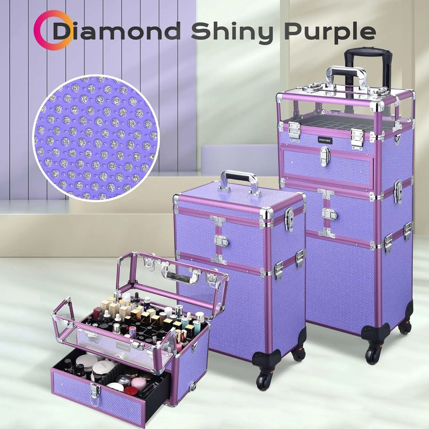 BYOOTIQUE 2in1 Nail Polish Organizer Rolling Makeup Train Case Manicure Cosmetic Trolley Travel Organizer Nail Case with Clear Lid Extendable Trays 4 removable wheels 54 Slots (Purple)