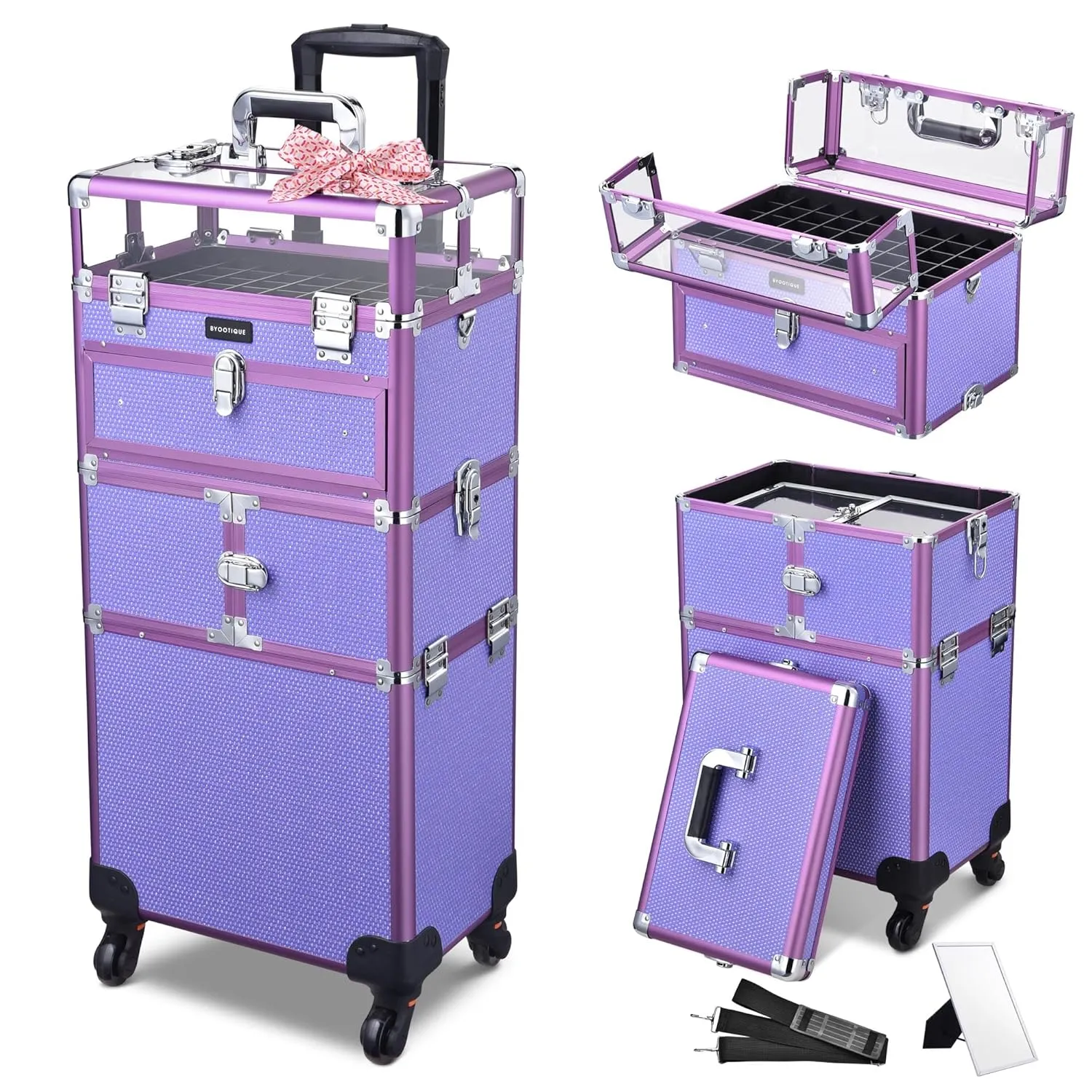 BYOOTIQUE 2in1 Nail Polish Organizer Rolling Makeup Train Case Manicure Cosmetic Trolley Travel Organizer Nail Case with Clear Lid Extendable Trays 4 removable wheels 54 Slots (Purple)