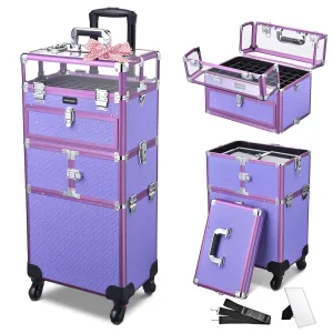 BYOOTIQUE 2in1 Nail Polish Organizer Rolling Makeup Train Case Manicure Cosmetic Trolley Travel Organizer Nail Case with Clear Lid Extendable Trays 4 removable wheels 54 Slots (Purple)
