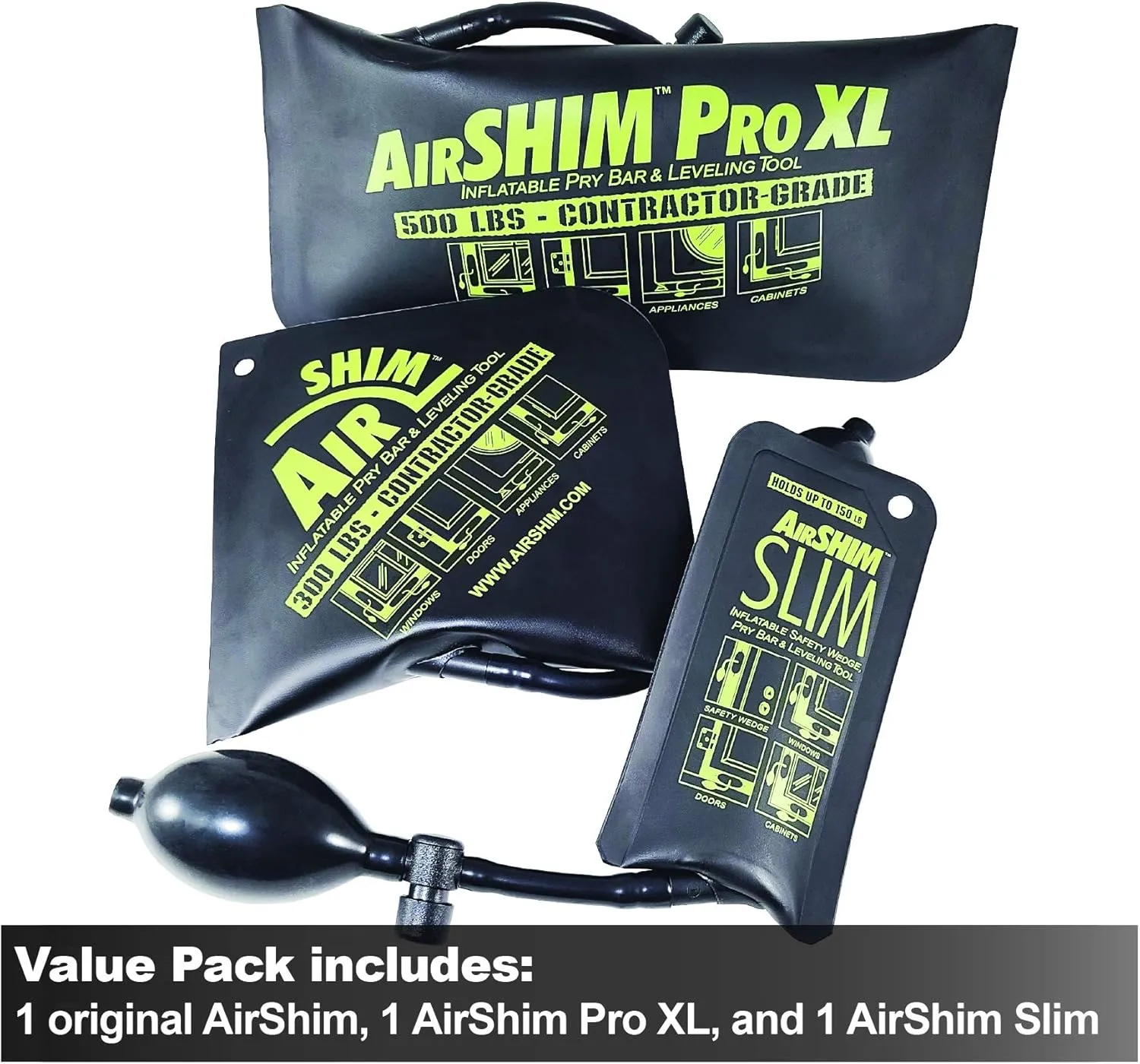 Calculated Industries 1134 AirShim Inflatable Pry Bars and Leveling Tools 3-pc Value Pack – Original AirShim, AirShim Pro XL, and AirShim Slim | Contractor-Grade Alignment Pump Wedges | Set of 3