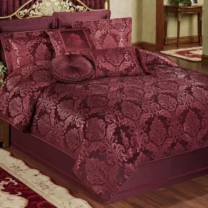 Camelot Luxury Bedding | Robust Burgundy | Matte Satin Damask on Richly Textured Jacquard-Woven Chenille | 7 Piece Set Includes Queen Comforter, Bedskirt, 2 Standard Shams, and 3 Decorative Pillows