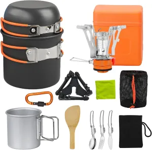 Camping Cooking Set Camping Cookware Outdoor Aluminum Mess Kit with Frying Pan, Pot with Lid, 1.2L Kettle Set and 2 Stainless Steel Plate, 2 Folding Cups and 2 Set Knives Spoons for Backpacking Picnic