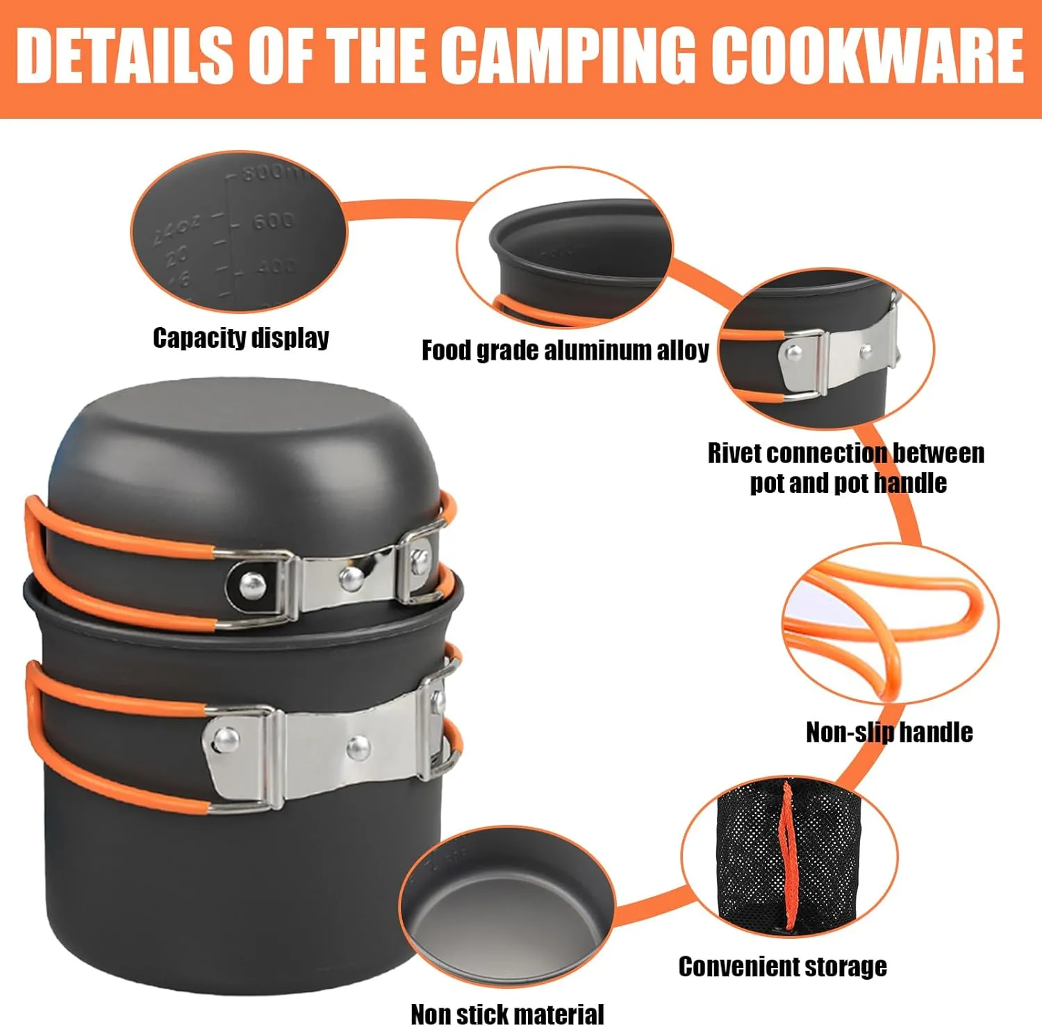 Camping Cooking Set Camping Cookware Outdoor Aluminum Mess Kit with Frying Pan, Pot with Lid, 1.2L Kettle Set and 2 Stainless Steel Plate, 2 Folding Cups and 2 Set Knives Spoons for Backpacking Picnic