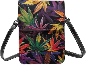 cannabis leaf Marijuana leaves Weed colorful Leather Small Crossbody Bags for Women Cell Phone Bag Wallet Purses with Adjustable Strap