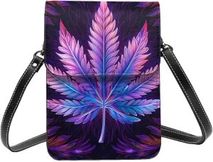 cannabis leaf Marijuana Weed Leaves neon purple Leather Small Crossbody Bags for Women Cell Phone Bag Wallet Purses with Adjustable Strap