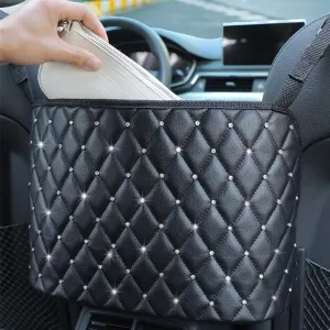 Car Net Pocket Organizer – PU Leather Purse Holder for Car, Between Seats Storage Bag, Mesh Barrier for Pets and Kids, Front Seat Gap Organizer