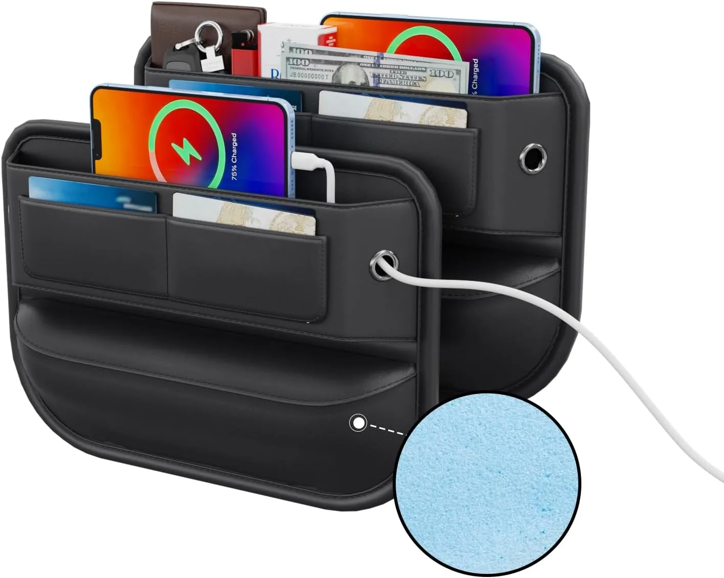 Car Seat Gap Filler Leather Car Box Seat Organizer and Storage Automotive Accessories with Pockets- Front Seats Car Adjustable Gap Filler for Phones, Glasses, Keys, Cards-2 Pack