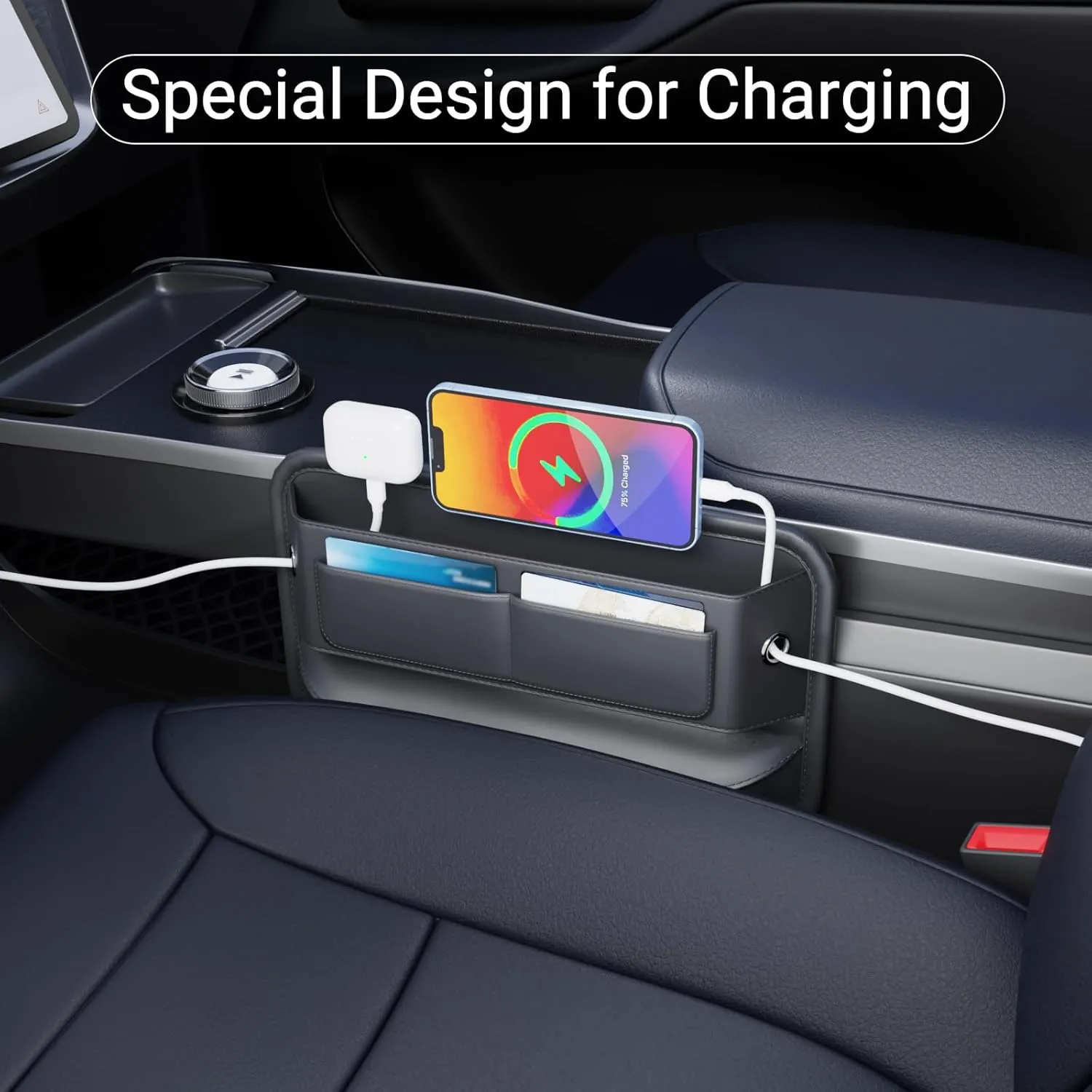 Car Seat Gap Filler Leather Car Box Seat Organizer and Storage Automotive Accessories with Pockets- Front Seats Car Adjustable Gap Filler for Phones, Glasses, Keys, Cards-2 Pack