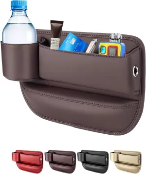 Car seat gap filler organizer,2024 Universal New Seat Gap Storage Box, Car Leather Cup Holder Gap Bag for Glasses Phones Keys and Cards (brown, Driver Side)