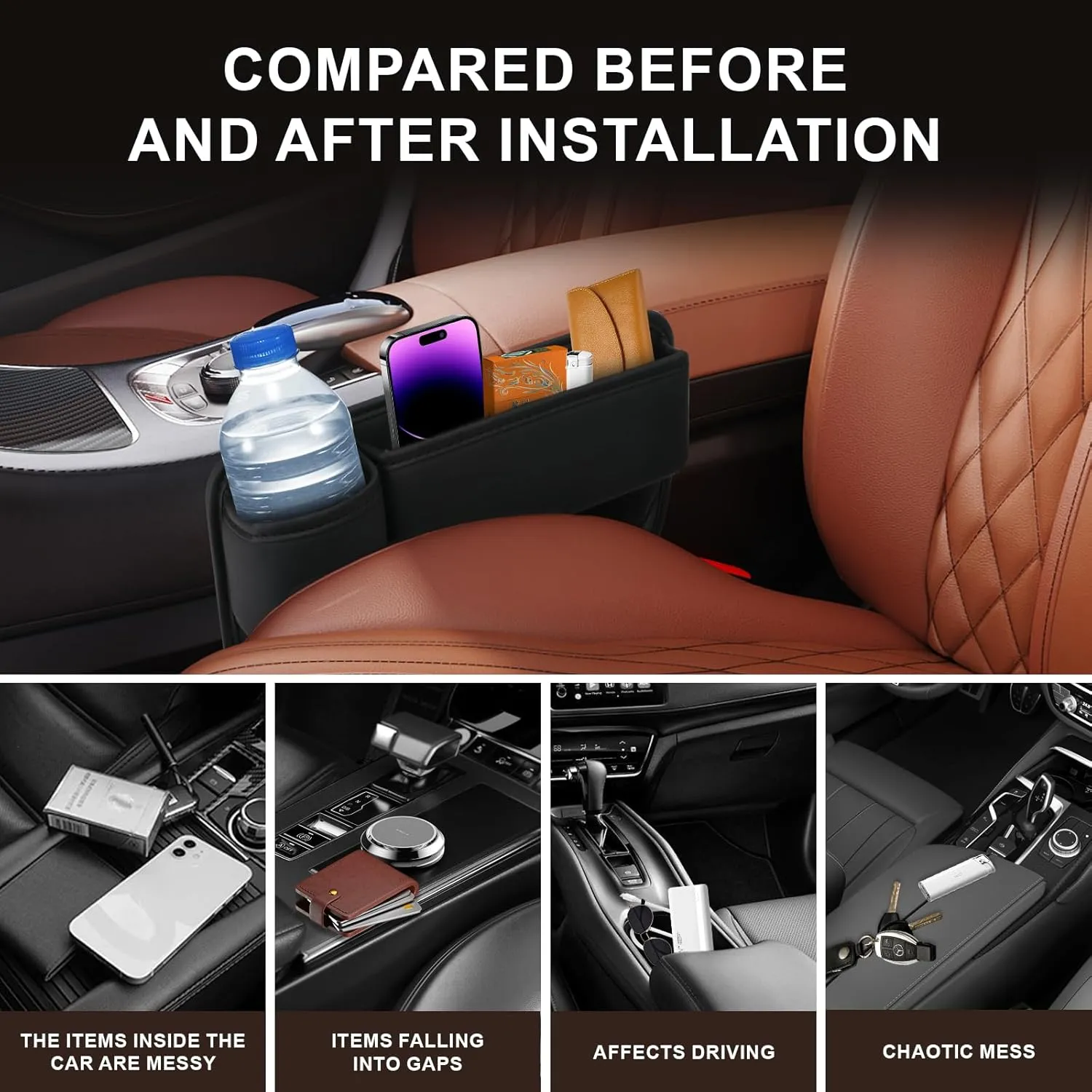 Car seat gap filler organizer,2024 Universal New Seat Gap Storage Box, Car Leather Cup Holder Gap Bag for Glasses Phones Keys and Cards (brown, Driver Side)