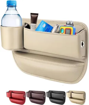 Car seat gap filler organizer,2024 Universal New Seat Gap Storage Box, Car Leather Cup Holder Gap Bag for Glasses Phones Keys and Cards (off white, Driver Side)