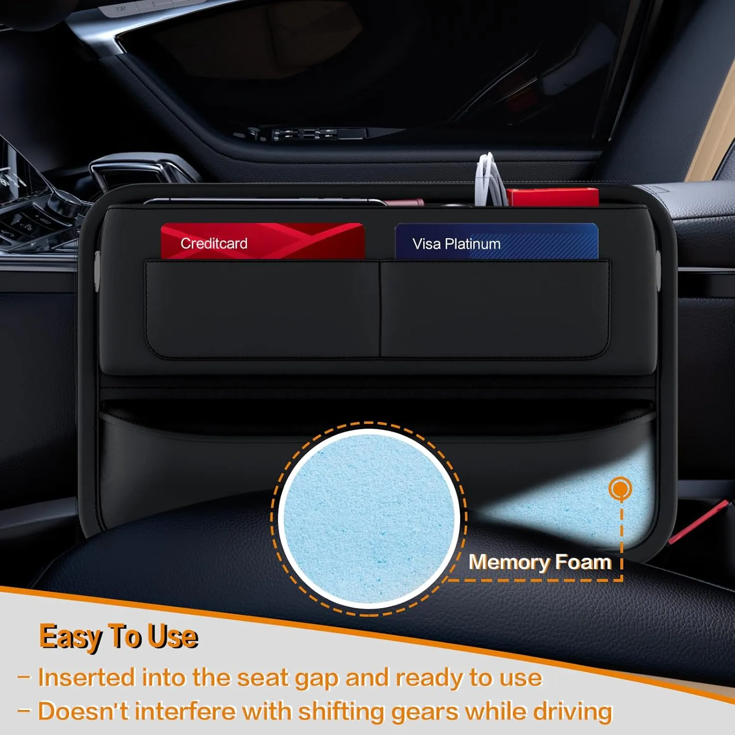 Car Seat Gap Filler with Pockets 2 Pack Leather Car Seat Organizer and Storage Automotive Accessories - Front Seats Car Adjustable Gap Filler for Phones, Glasses, Keys, Cards1