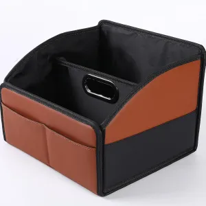 Car Storage Organizer [2025 UPDATED] Leather Caddy Basket for Front Seat Floor Back Seats Metal Handle 6 Compartments Adjustable Strap Buckles Slip-Resistant (Black & Brown)