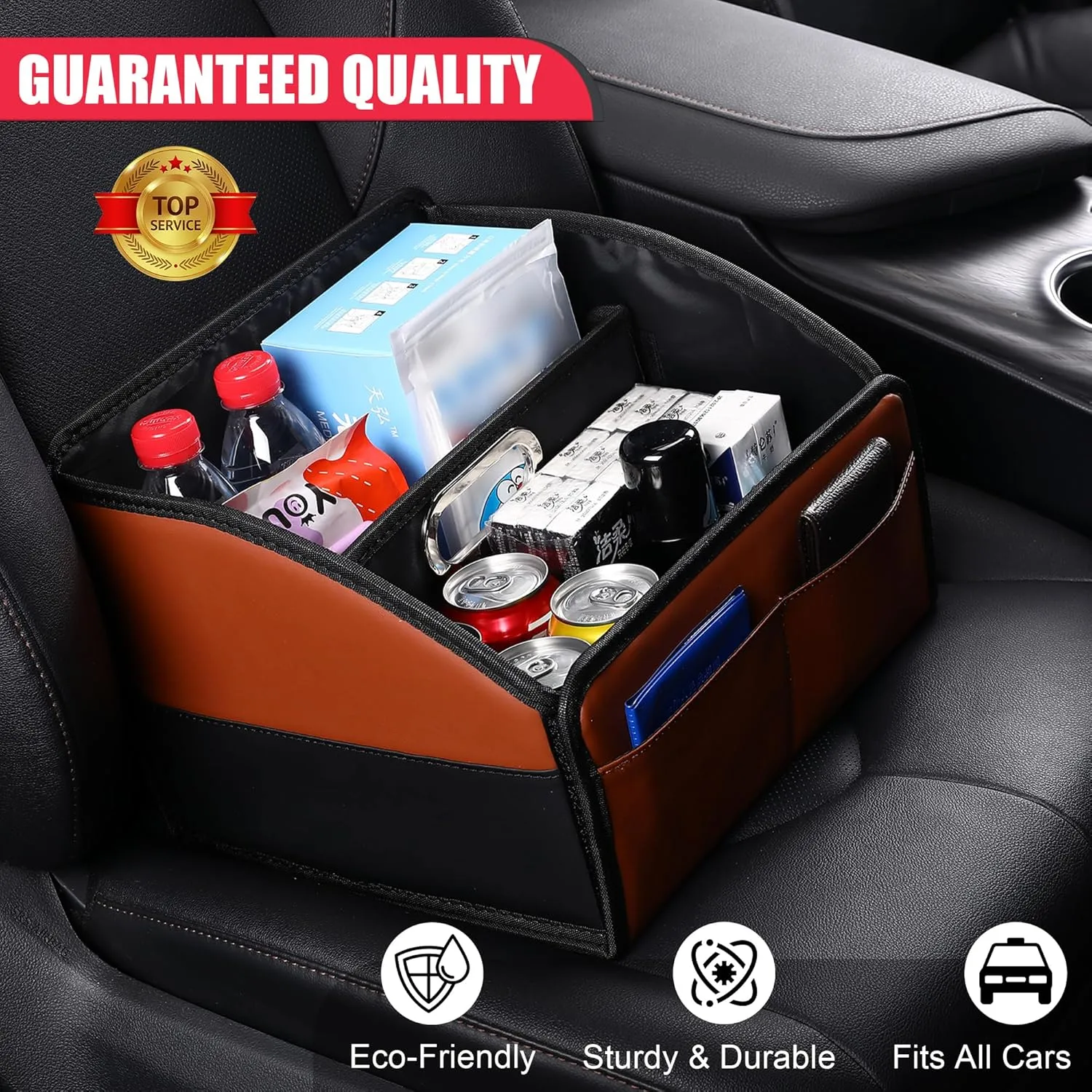 Car Storage Organizer [2025 UPDATED] Leather Caddy Basket for Front Seat Floor Back Seats Metal Handle 6 Compartments Adjustable Strap Buckles Slip-Resistant (Black & Brown)