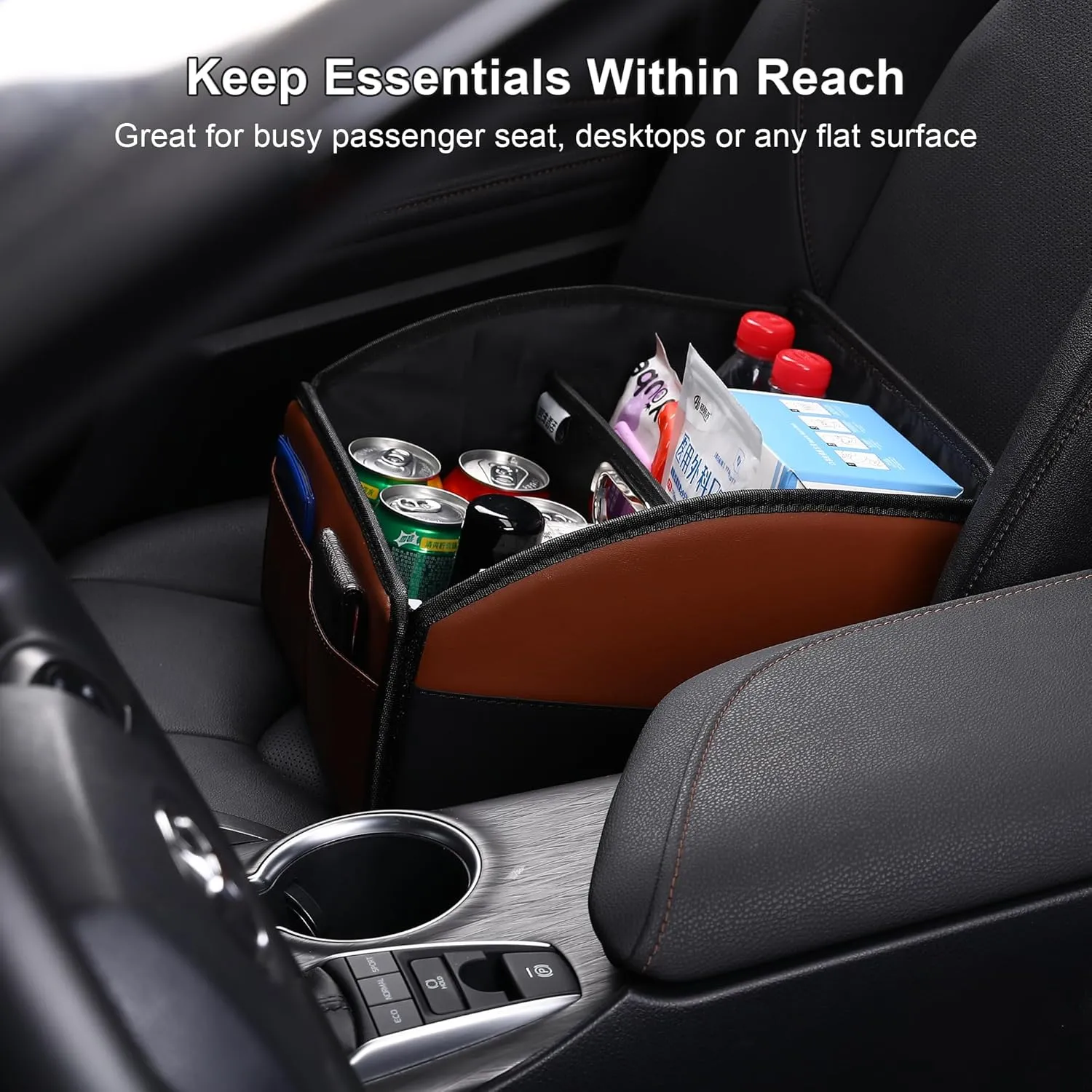 Car Storage Organizer [2025 UPDATED] Leather Caddy Basket for Front Seat Floor Back Seats Metal Handle 6 Compartments Adjustable Strap Buckles Slip-Resistant (Black & Brown)