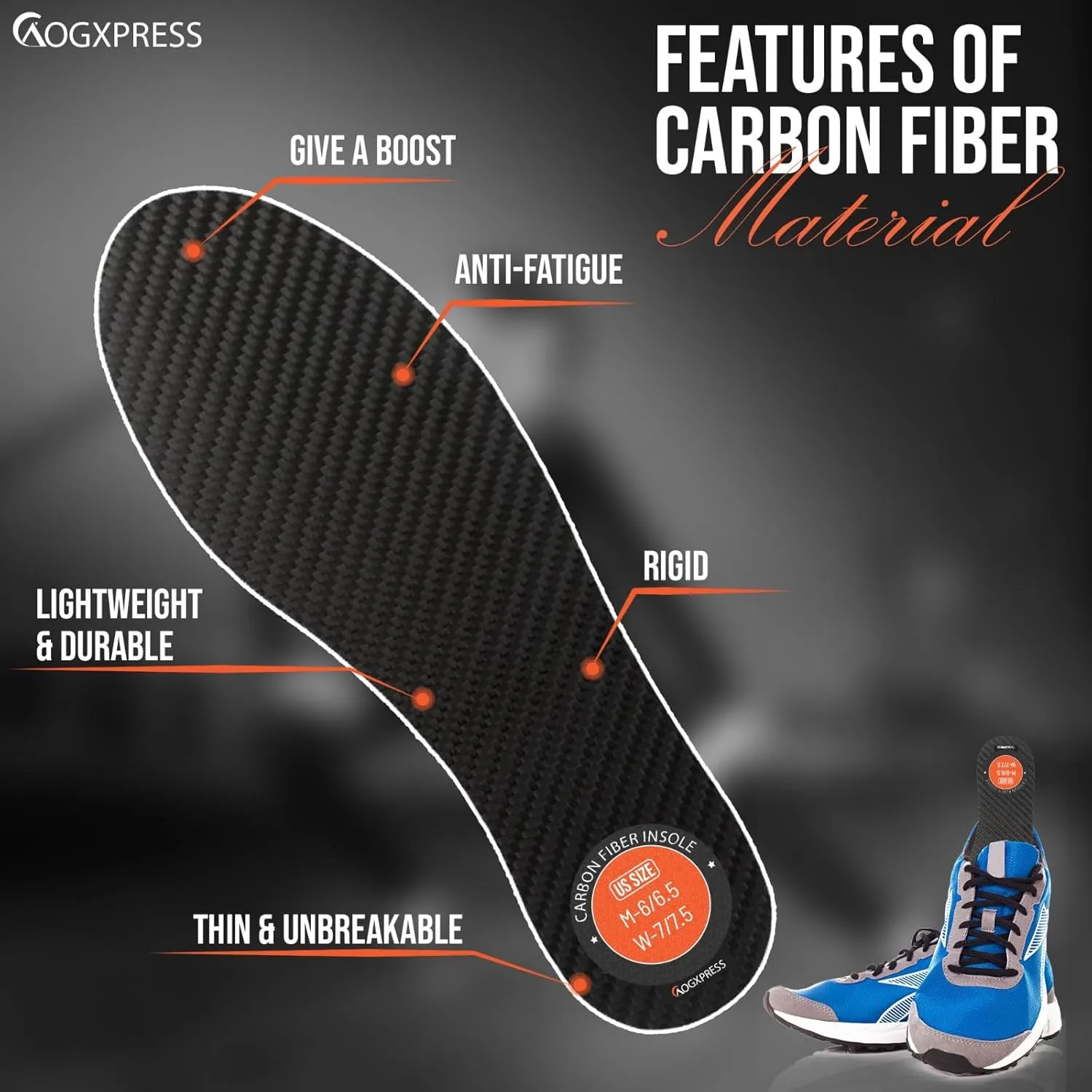 Carbon Fiber Insole (1 Pair) - (9.5) Carbon Fiber Shoe Insert- Rigid Support Turf Toe, Shoe Insert for Sports, Hiking, Trekking, Basketball, Running - Alternative to Post Op Shoe