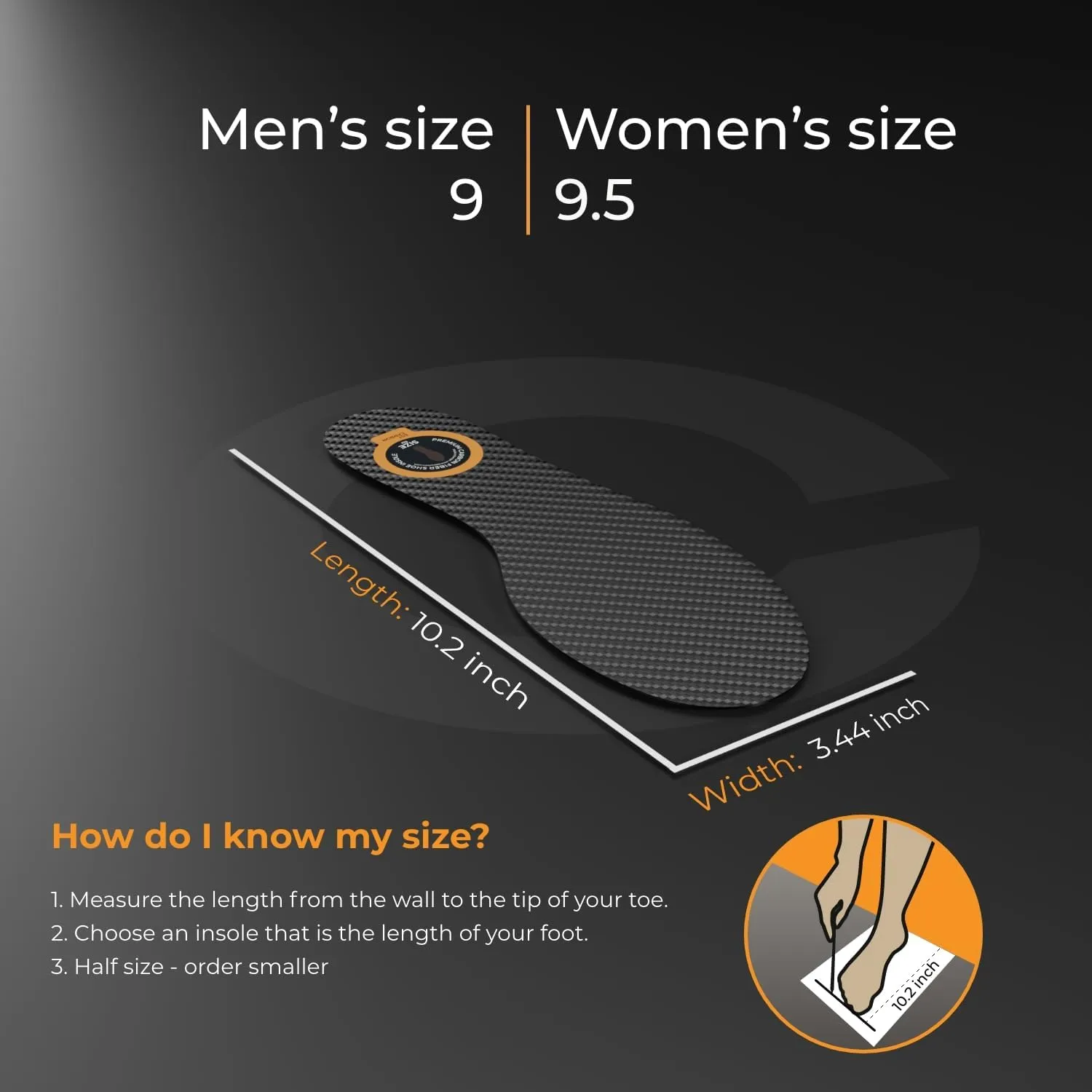 Carbon Fiber Insole - 1 pc, Men 9, Women 9.5 - Unisex Shoe Insert - Stiff Foot Plate - Orthotic Insole - Turf Toe, Hallux Rigidus, Flat Feet, Plantar Fasciitis, Mortons Extension