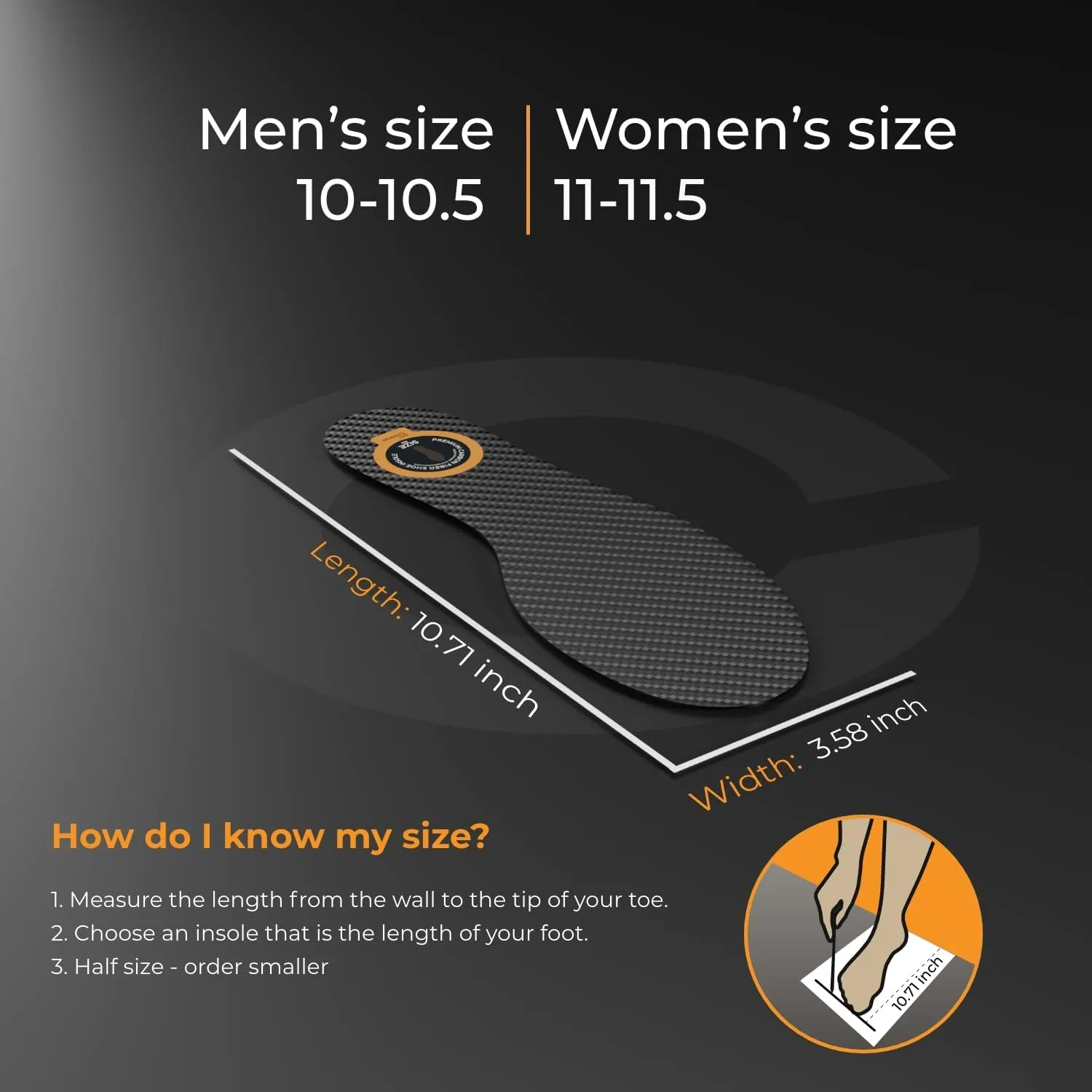 Carbon Fiber Insole for Men & Women 1 PC Carbon Fiber Shoe Insert, Carbon Fiber Foot Plate - Hallux Rigidus relief, Turf Toe, Mortons Extension, Big Toe Carbon Fiber Insoles Women 11-11.5, Men 10-10.5