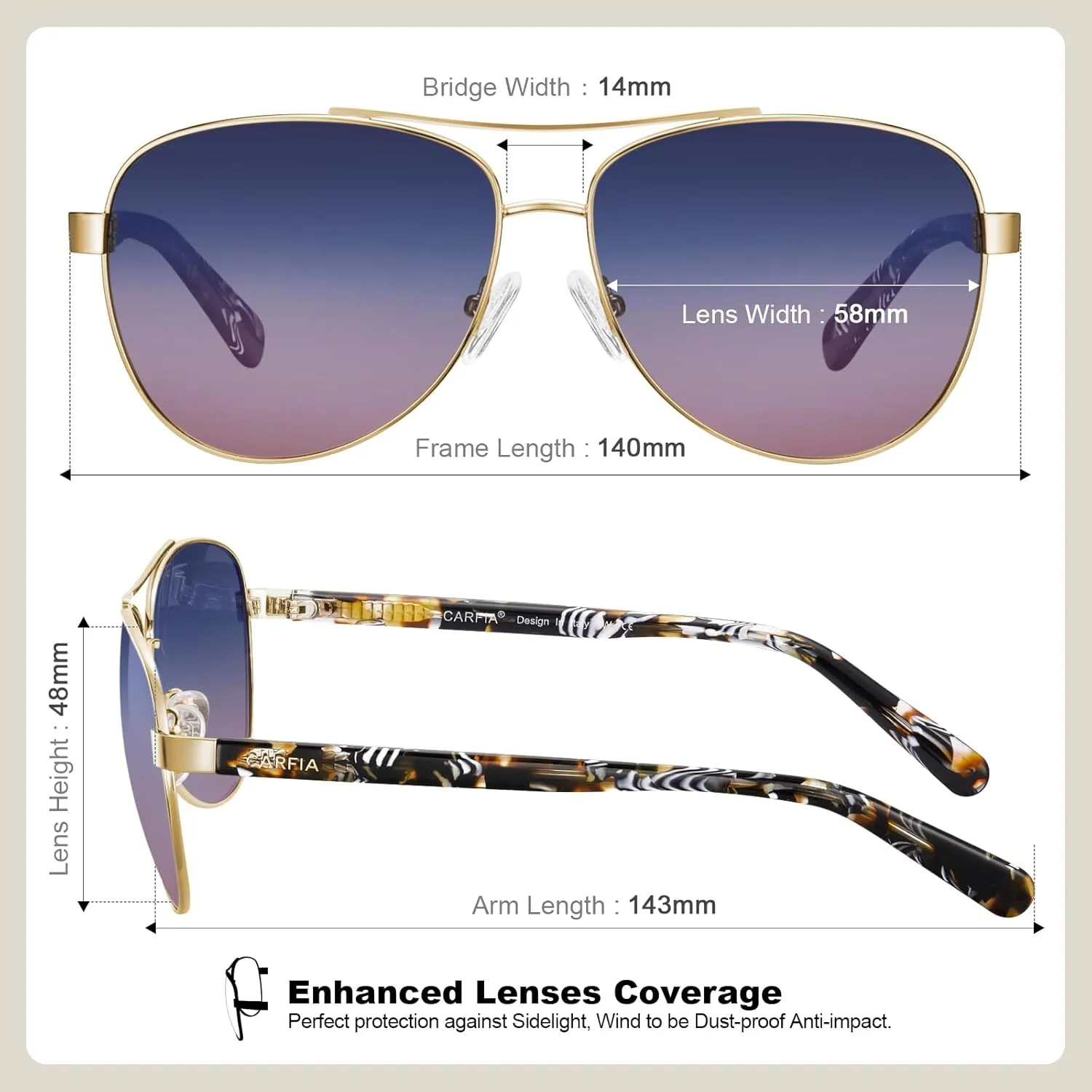 CARFIA Polarized Sunglasses for Women UV Protection Acetate Arms Metal Frame Woman's Shades CA3216