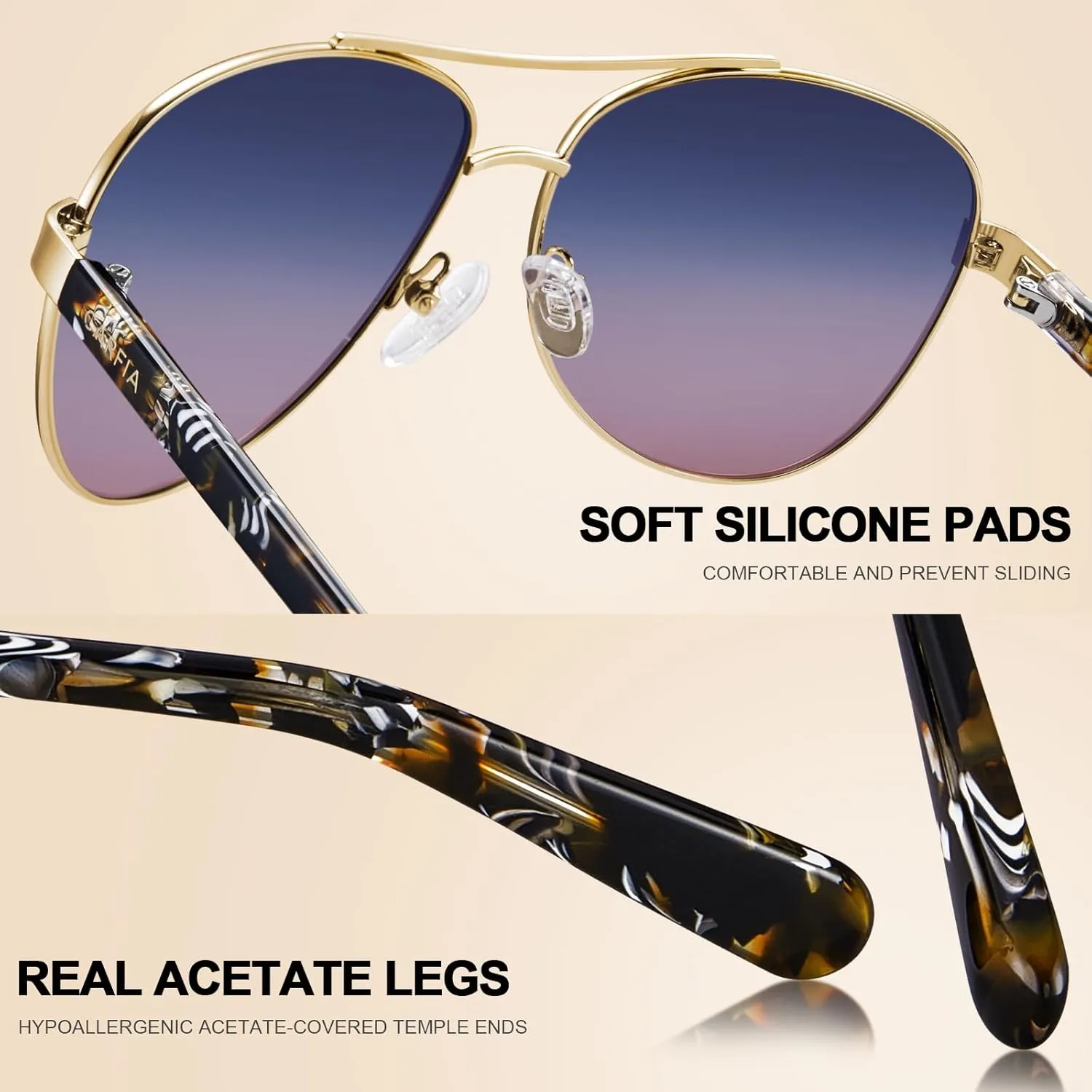 CARFIA Polarized Sunglasses for Women UV Protection Acetate Arms Metal Frame Woman's Shades CA3216