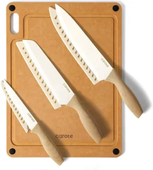 CAROTE Knife Set, 7 Pcs Kitchen Knives Set with 5 Blade Guards, Wooden Cutting Board, Rustproof Stainless Steel Kitchen Knife Sets with Nonstick Ceramic Surface