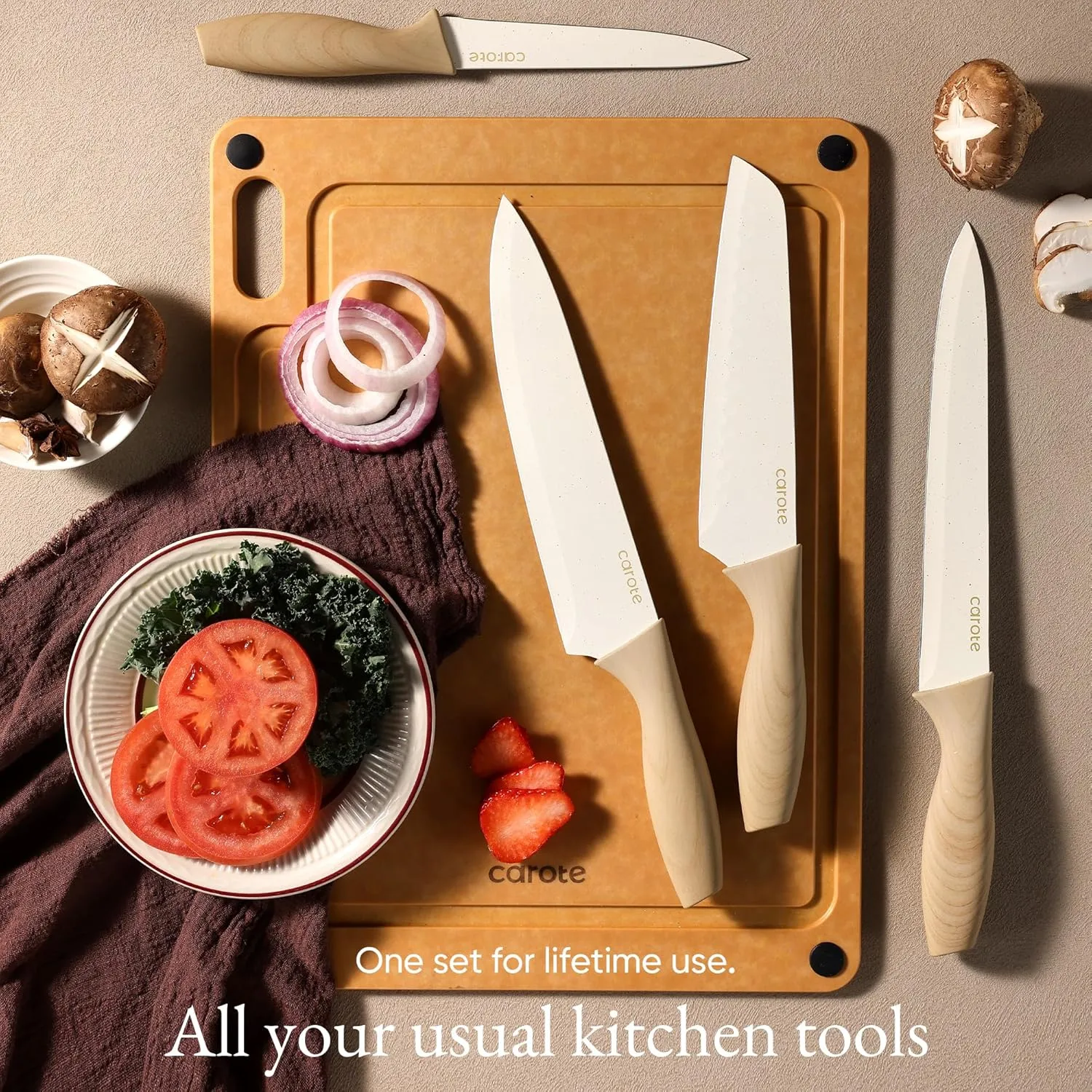 CAROTE Knife Set, 7 Pcs Kitchen Knives Set with 5 Blade Guards, Wooden Cutting Board, Rustproof Stainless Steel Kitchen Knife Sets with Nonstick Ceramic Surface