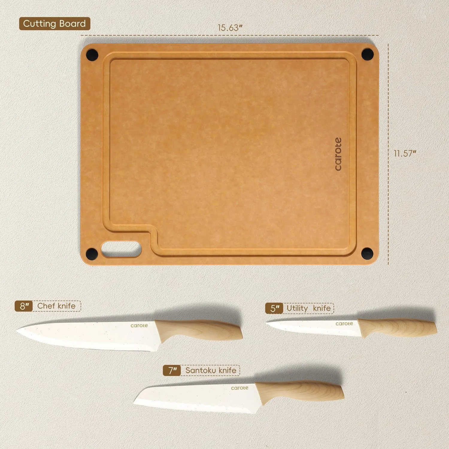 CAROTE Knife Set, 7 Pcs Kitchen Knives Set with 5 Blade Guards, Wooden Cutting Board, Rustproof Stainless Steel Kitchen Knife Sets with Nonstick Ceramic Surface