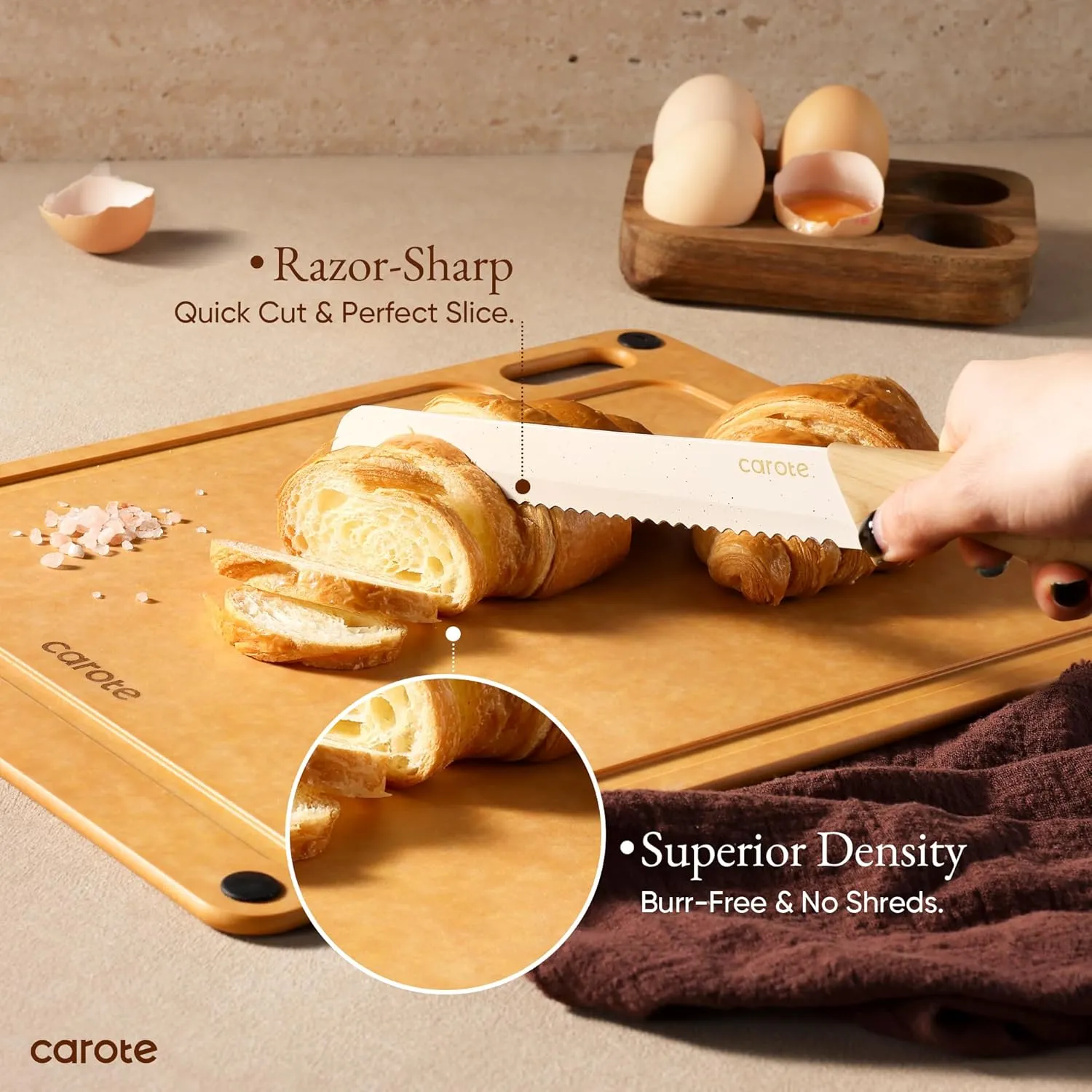 CAROTE Knife Set, 7 Pcs Kitchen Knives Set with 5 Blade Guards, Wooden Cutting Board, Rustproof Stainless Steel Kitchen Knife Sets with Nonstick Ceramic Surface