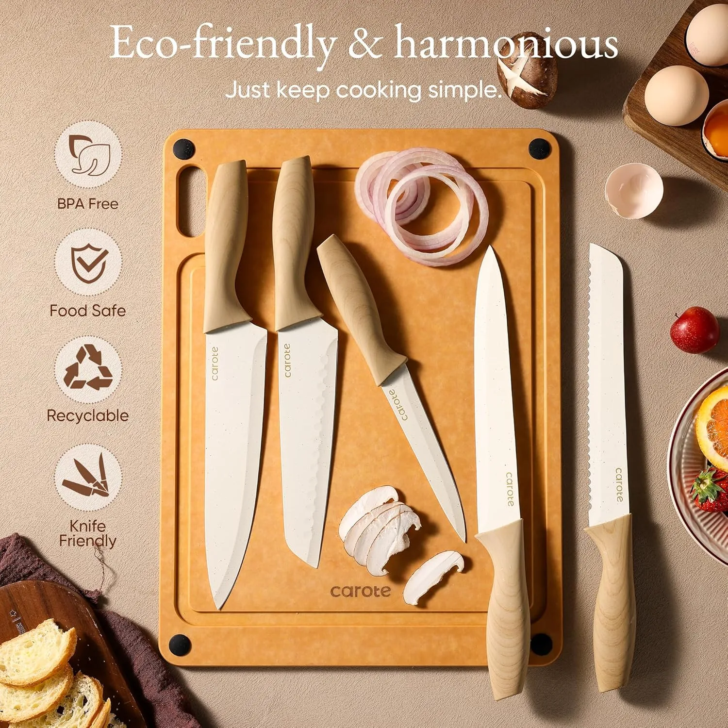 CAROTE Knife Set, 7 Pcs Kitchen Knives Set with 5 Blade Guards, Wooden Cutting Board, Rustproof Stainless Steel Kitchen Knife Sets with Nonstick Ceramic Surface