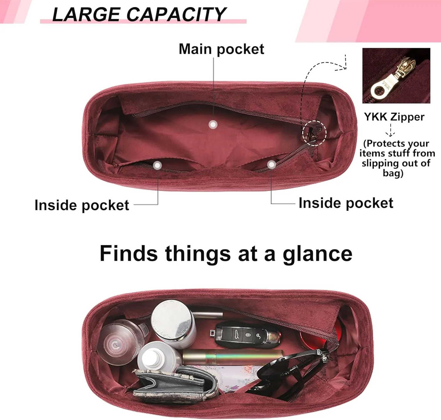 Carryall PM Insert Organizer, Velvet Bag Organizer Insert Compatible with lv Carryall and More, Sturdy Gold Zipper, Pecfect for Handbag Shaped & Neat(Small,Red)