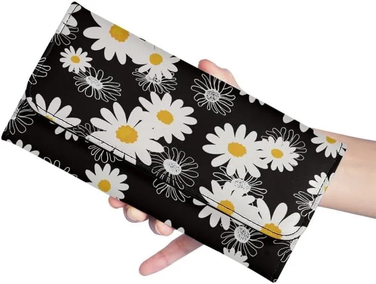 Cartoon Daisy PU Leather Trifold Wallets for Women Black White Flowers Money Manager Hand Draw Daisy Womens Leather Wallets Tall Billfold Cash Wallet