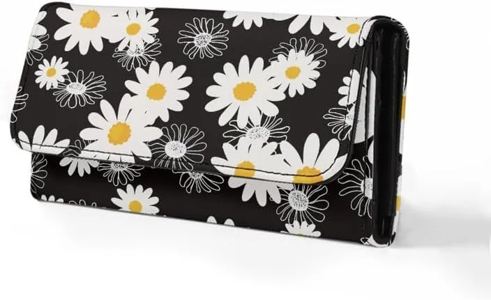 Cartoon Daisy PU Leather Trifold Wallets for Women Black White Flowers Money Manager Hand Draw Daisy Womens Leather Wallets Tall Billfold Cash Wallet
