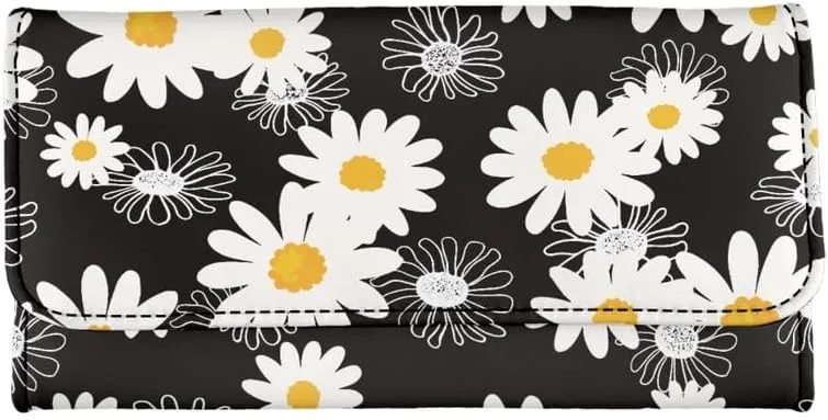 Cartoon Daisy PU Leather Trifold Wallets for Women Black White Flowers Money Manager Hand Draw Daisy Womens Leather Wallets Tall Billfold Cash Wallet