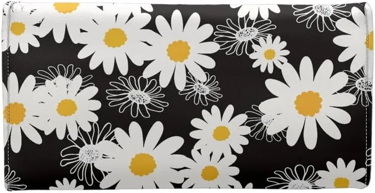 Cartoon Daisy PU Leather Trifold Wallets for Women Black White Flowers Money Manager Hand Draw Daisy Womens Leather Wallets Tall Billfold Cash Wallet