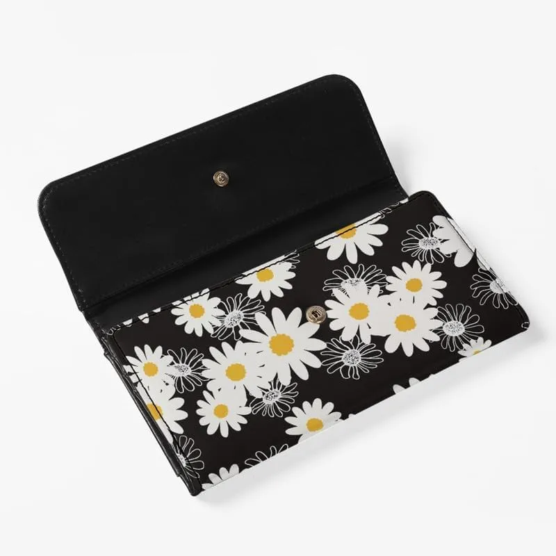 Cartoon Daisy PU Leather Trifold Wallets for Women Black White Flowers Money Manager Hand Draw Daisy Womens Leather Wallets Tall Billfold Cash Wallet