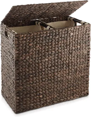 Casafield 2-Section Laundry Hamper with Removable Liner Bags - Espresso, Woven Water Hyacinth Double Laundry Basket Sorter for Clothes and Towels