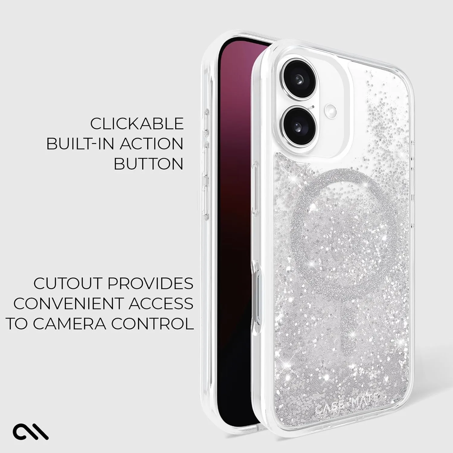 Case-Mate iPhone 16 Case [Compatible with MagSafe] - Sparkly Liquid Glitter Phone Case with 12ft Drop Protection - Premium Magnetic Cover for iPhone 16 - Silver Waterfall