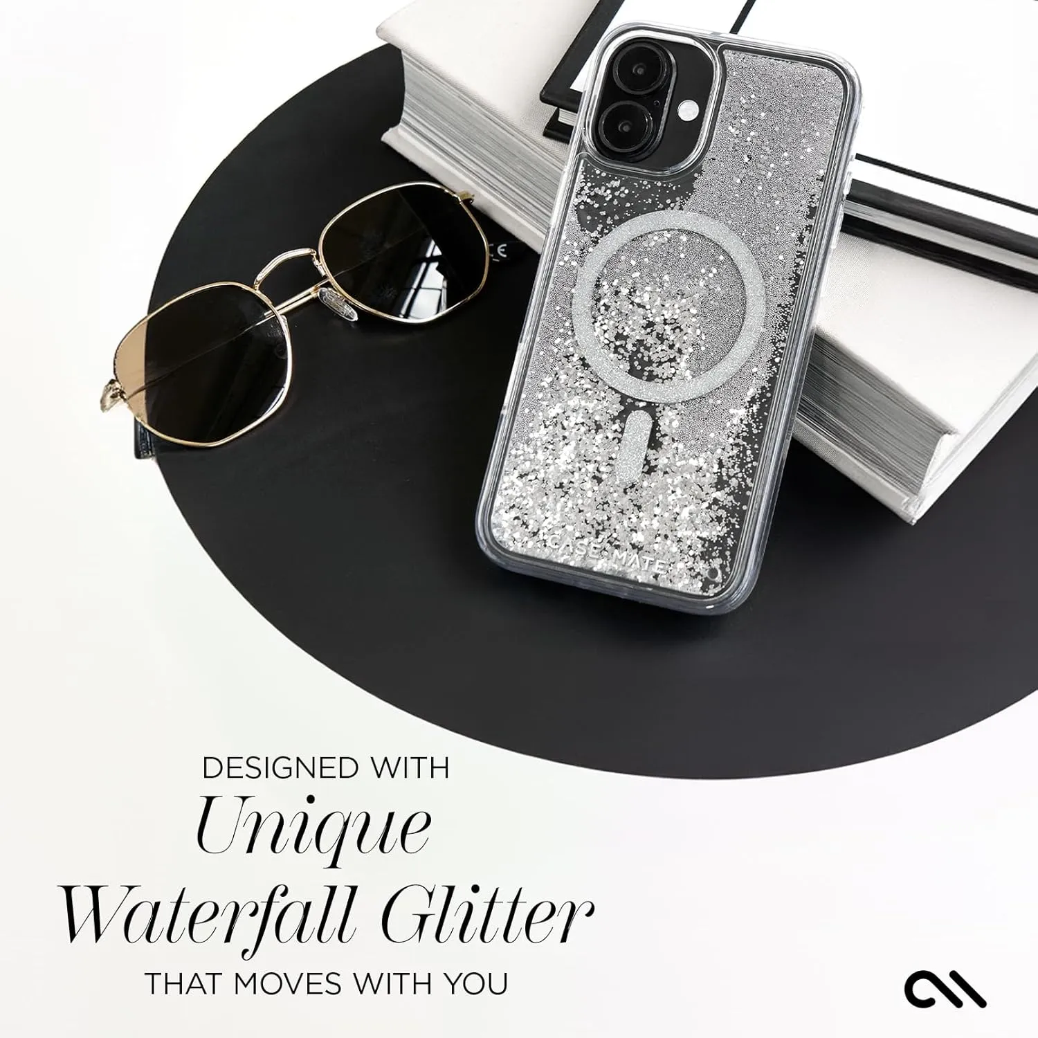 Case-Mate iPhone 16 Case [Compatible with MagSafe] - Sparkly Liquid Glitter Phone Case with 12ft Drop Protection - Premium Magnetic Cover for iPhone 16 - Silver Waterfall