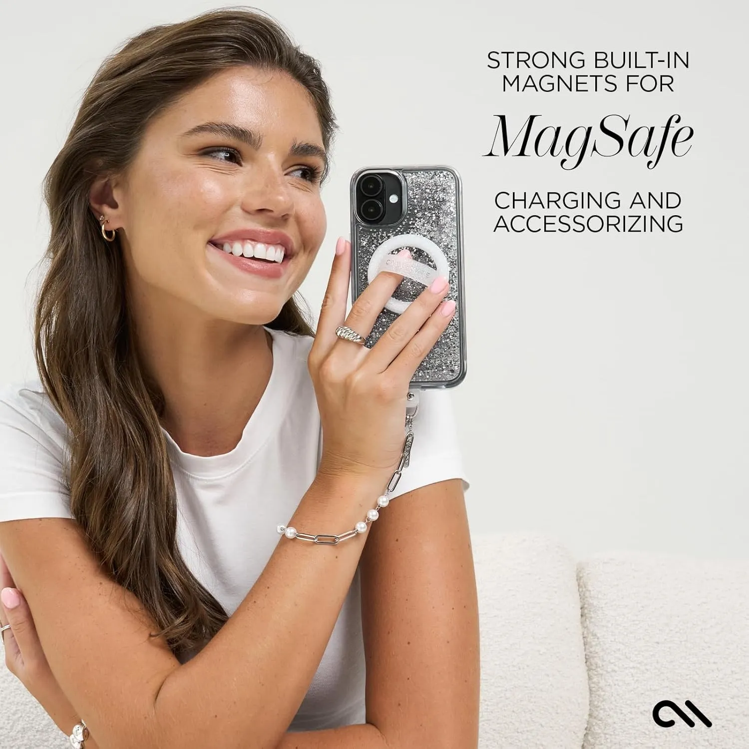 Case-Mate iPhone 16 Case [Compatible with MagSafe] - Sparkly Liquid Glitter Phone Case with 12ft Drop Protection - Premium Magnetic Cover for iPhone 16 - Silver Waterfall