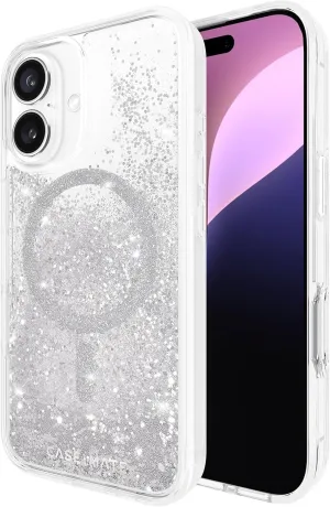 Case-Mate iPhone 16 Case [Compatible with MagSafe] - Sparkly Liquid Glitter Phone Case with 12ft Drop Protection - Premium Magnetic Cover for iPhone 16 - Silver Waterfall