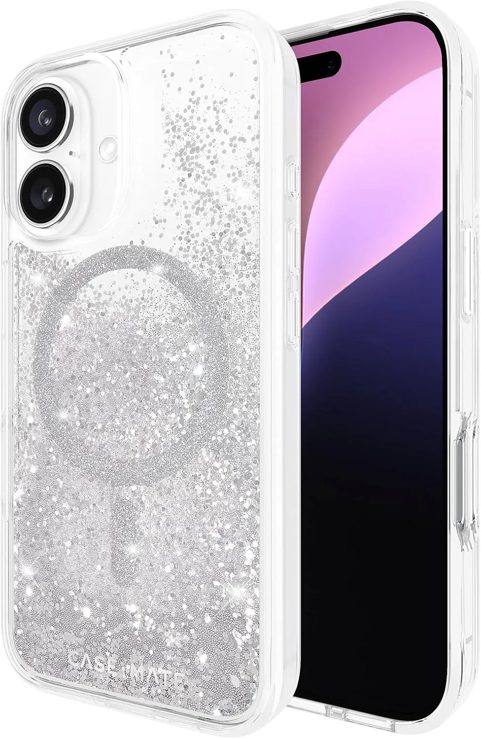 Case-Mate iPhone 16 Case [Compatible with MagSafe] - Sparkly Liquid Glitter Phone Case with 12ft Drop Protection - Premium Magnetic Cover for iPhone 16 - Silver Waterfall