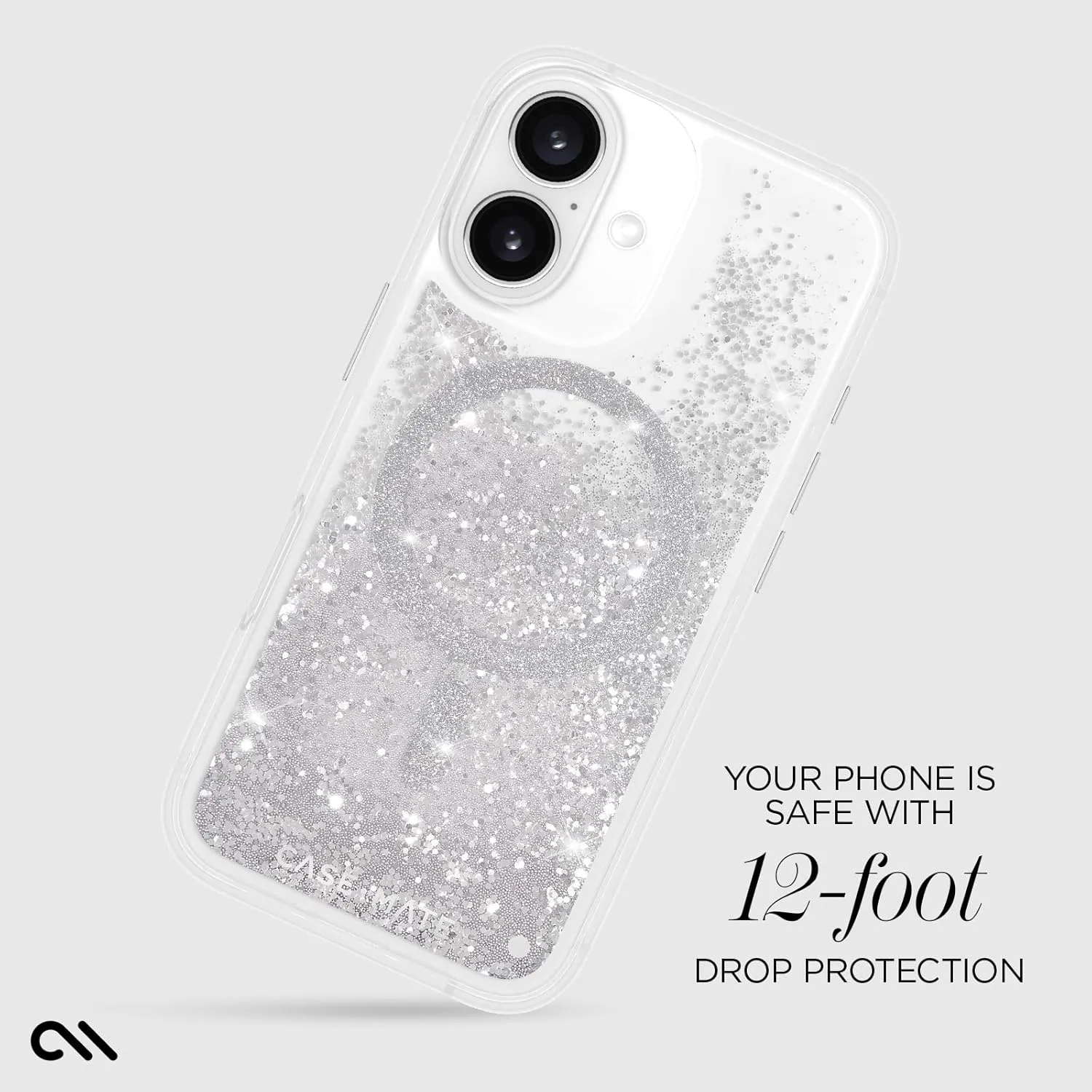 Case-Mate iPhone 16 Case [Compatible with MagSafe] - Sparkly Liquid Glitter Phone Case with 12ft Drop Protection - Premium Magnetic Cover for iPhone 16 - Silver Waterfall