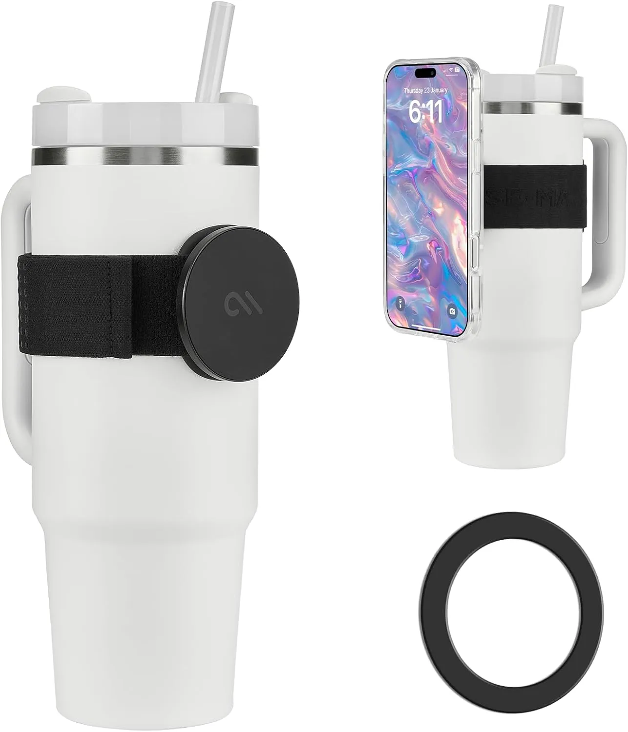 Case-Mate Magnetic Water Bottle Phone Holder - Hands-Free Tumbler Holder w/Strap for Stanley Cup [MagSafe Compatible] - Gym and Travel Accessories for Women - Compatible w/iPhone and Android - Black