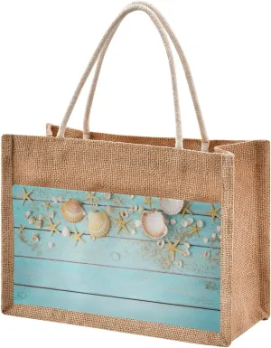 CaTaKu Sea Wooden Jute Tote Bags with Handles & Zipper Reusable Shopping Grocery Bags Burlap Bags with Front Canvas Pocket Gift Bags for Wedding 12" x 9"