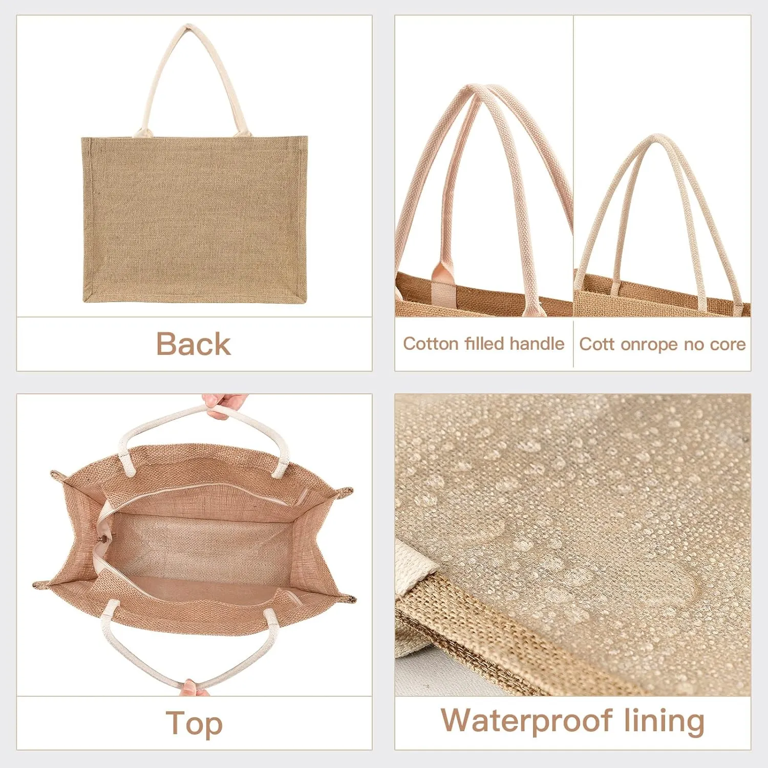 CaTaKu Sea Wooden Jute Tote Bags with Handles & Zipper Reusable Shopping Grocery Bags Burlap Bags with Front Canvas Pocket Gift Bags for Wedding 12" x 9"